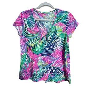 Lilly Pulitzer Michele Top Womens Medium Pink Green Palm Leaves V-Neck Short Slv